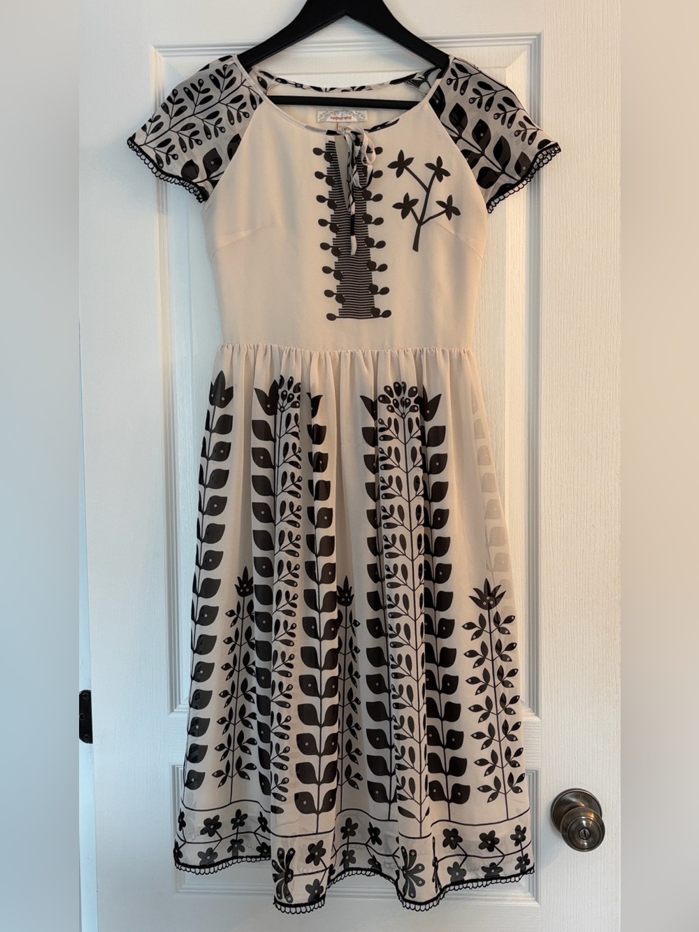 Cream Chiffon Midi Dress with Black Floral Print